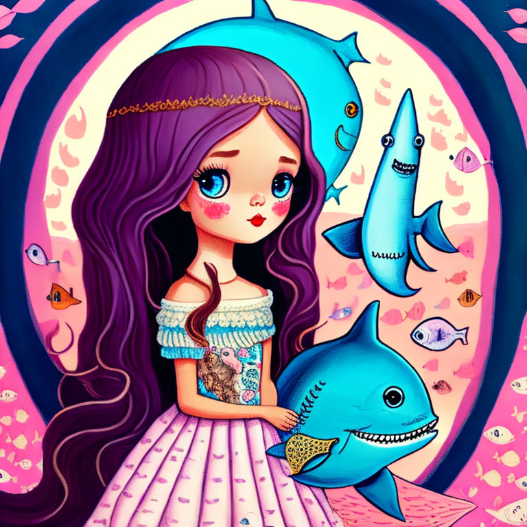 Illustration of girl with purple hair holding blue shark in whimsical underwater scene