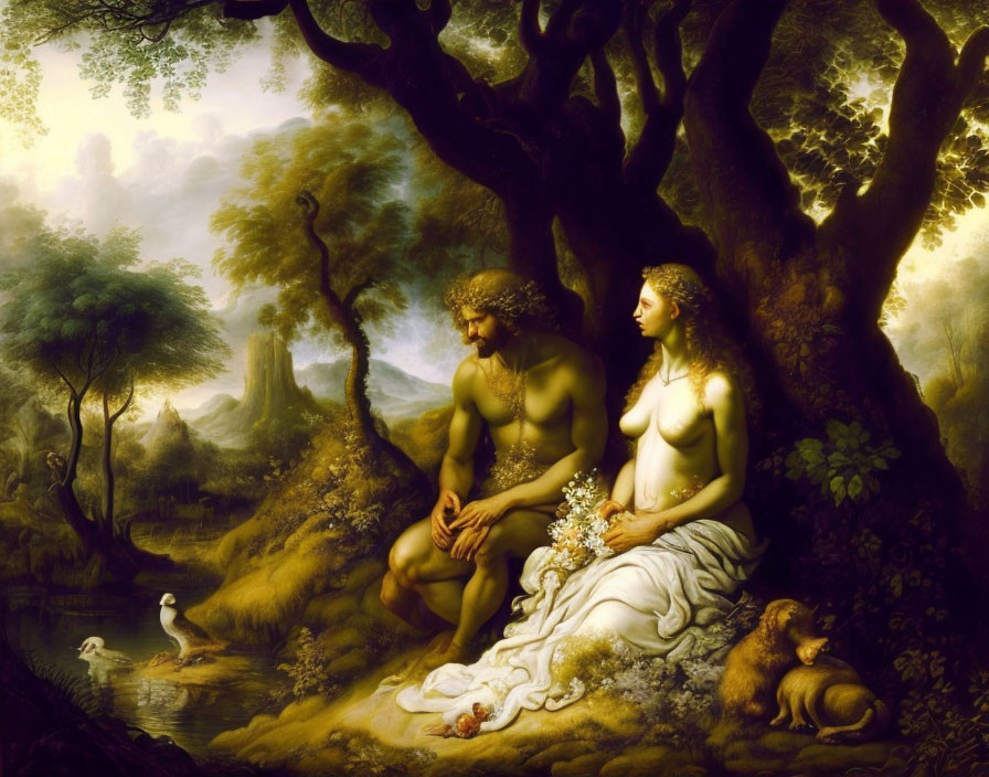 Classic painting of man and woman in forest with swan and mammal