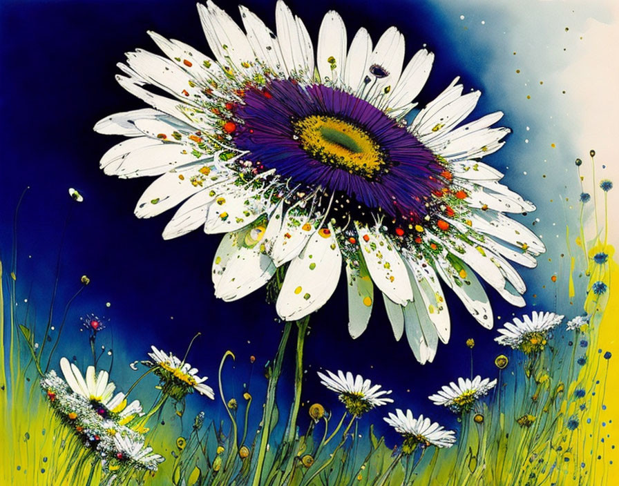 White daisies painting on deep blue background with vibrant centers.