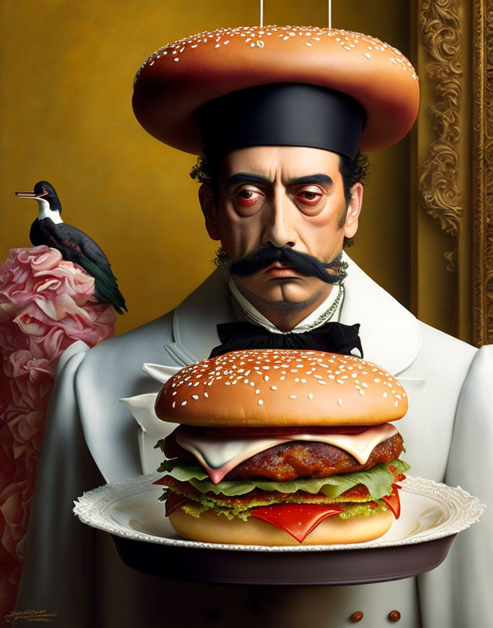 Man with hamburger hat holding another burger in surreal portrait