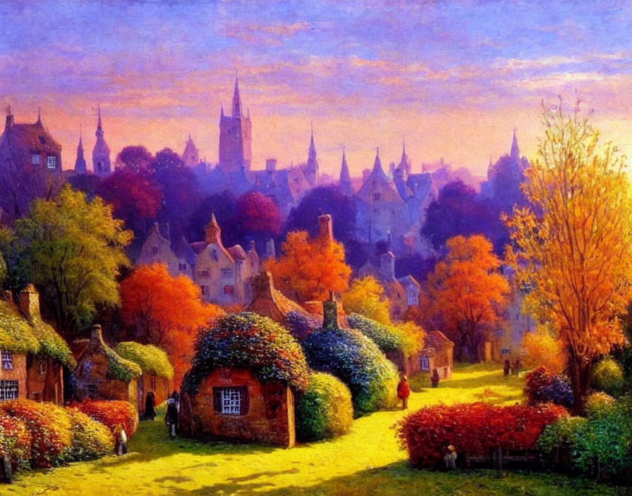 Vibrant painting of quaint village with thatched cottages and autumnal trees