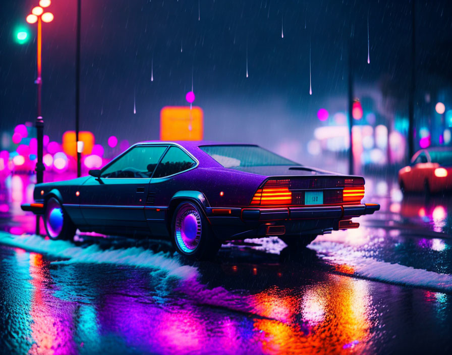 Vintage car in neon-lit city street on rainy night