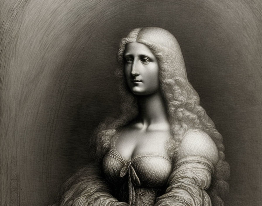 Classic grayscale portrait of a serene woman with flowing hair and renaissance-style dress