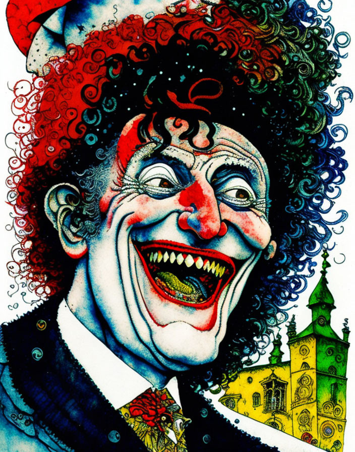 Colorful Smiling Clown Caricature with Curly Hair and Patterned Hat