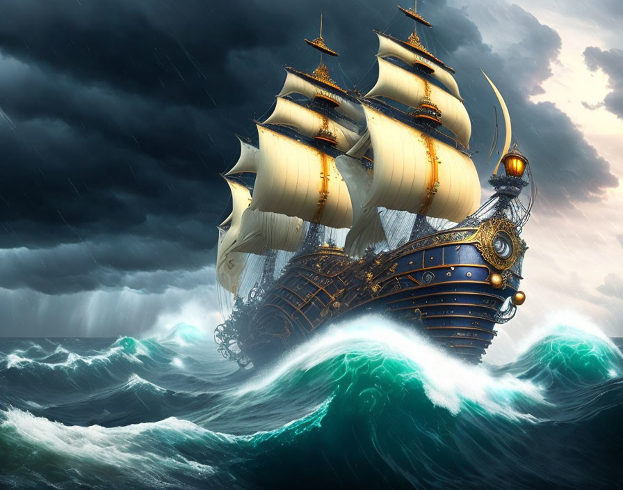 Elaborately decorated tall ship on stormy ocean waves