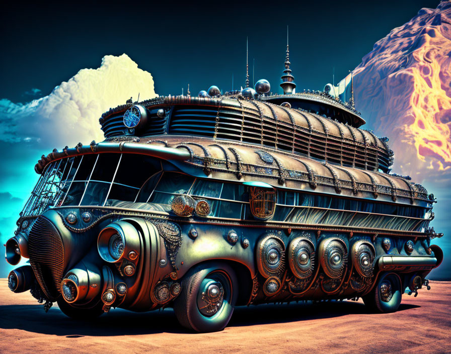 Retro-futuristic bus with circular windows and antennas on fiery mountain backdrop