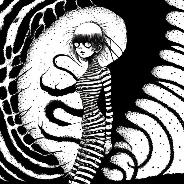 Monochrome illustration of startled person in striped outfit next to surreal swirl pattern.