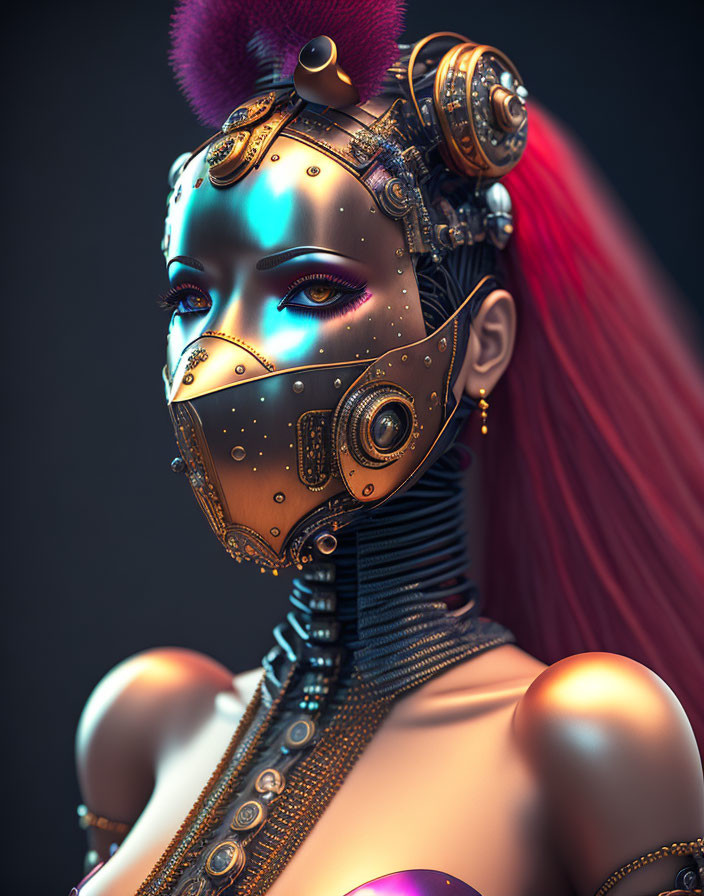 Female cyborg with golden face mask, mechanical parts, red hair, blue skin on dark background