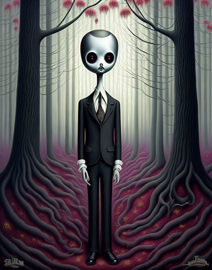 Surreal figure in tailored suit with oversized alien head in dark forest