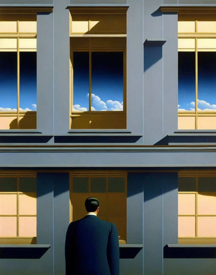 Man in dark suit gazes at building with cloud-reflected window