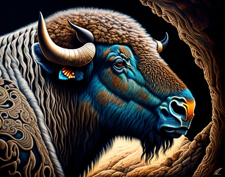 Colorful Bison Artwork with Butterfly and Intricate Patterns