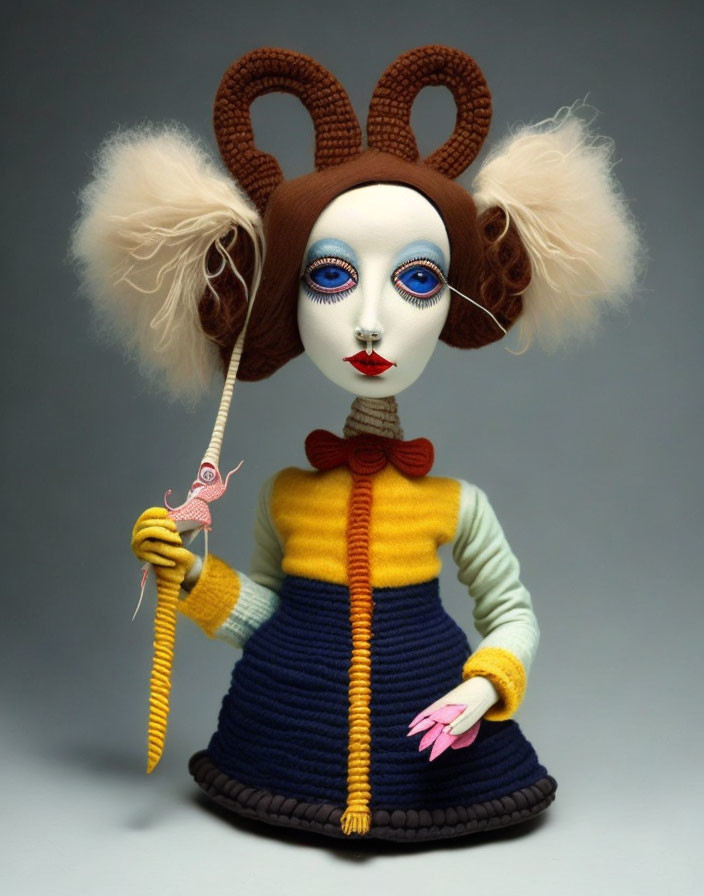 Colorful doll with oversized ears, wand, blue eyes, and bow tie