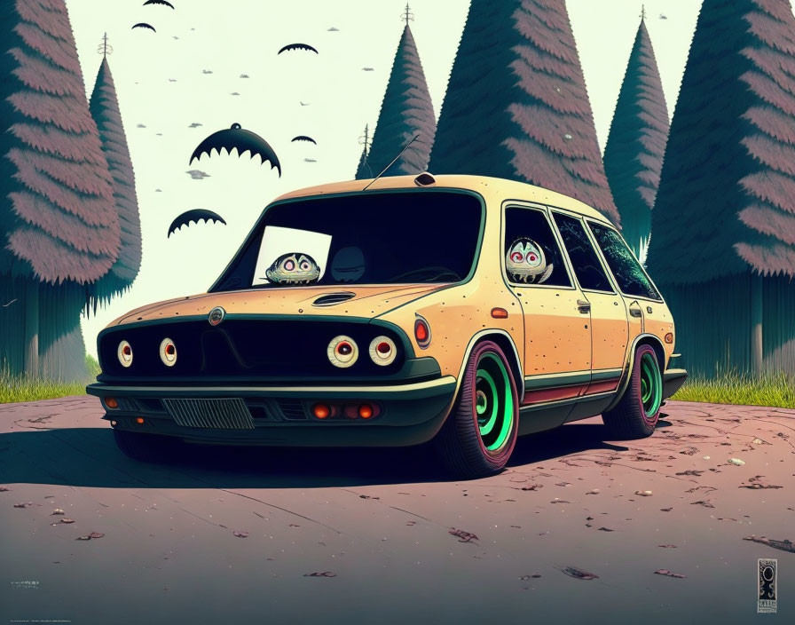 Whimsical forest scene with animated station wagon and monsters