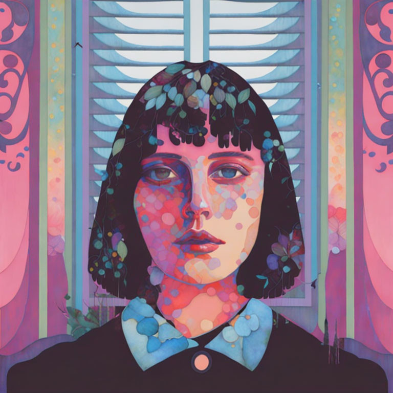 Stylized portrait of woman with floral face pattern against purple window.