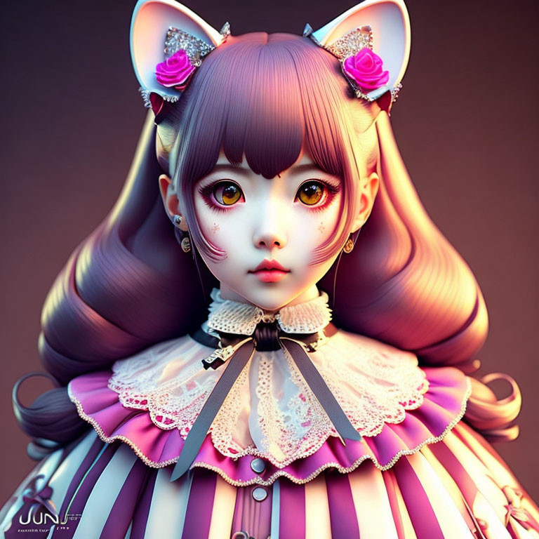 Stylized girl with large eyes and cat ears in pastel tones