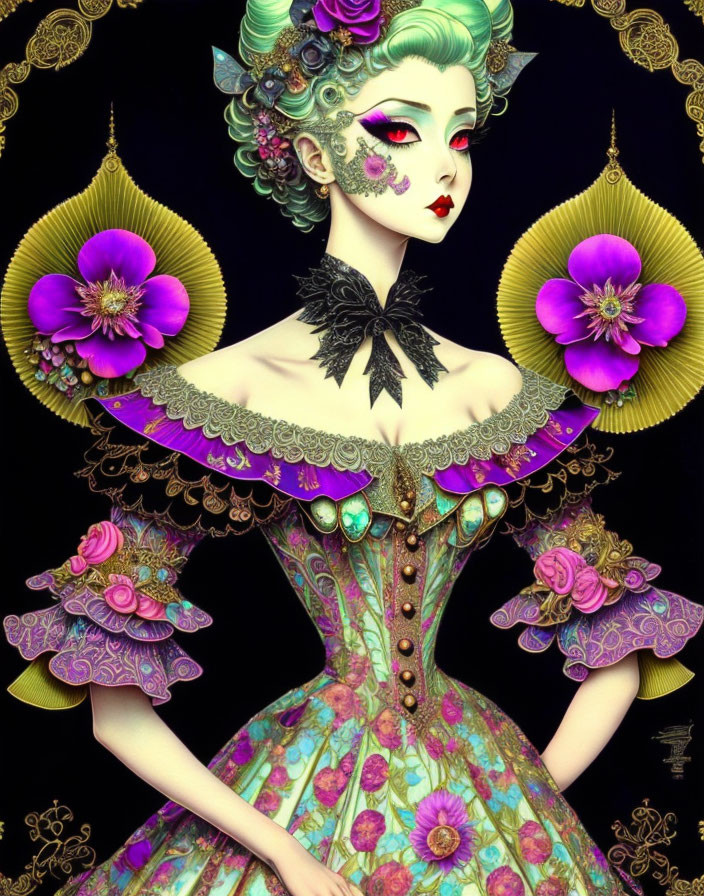 Stylized woman with green skin in purple floral attire & gold accessories