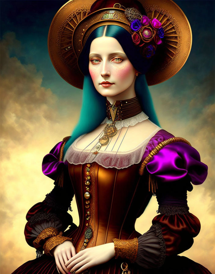 Stylized portrait of woman with blue hair in ornate Victorian dress