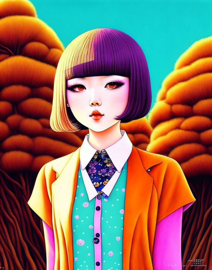 Vibrant illustration of stylized female figure in orange jacket against surreal backdrop