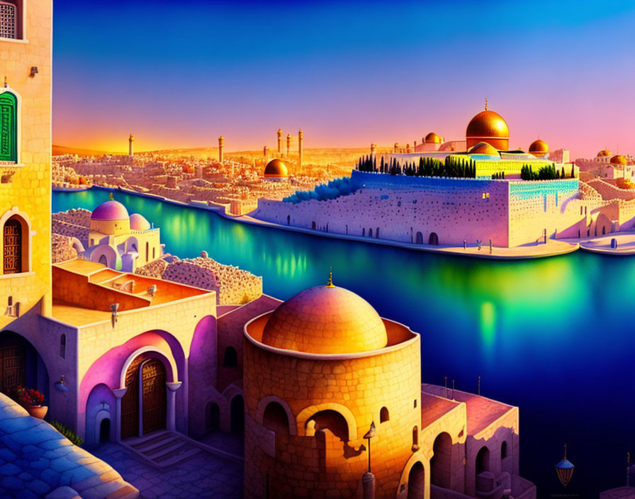 Colorful Middle Eastern cityscape with domed buildings and river at sunset