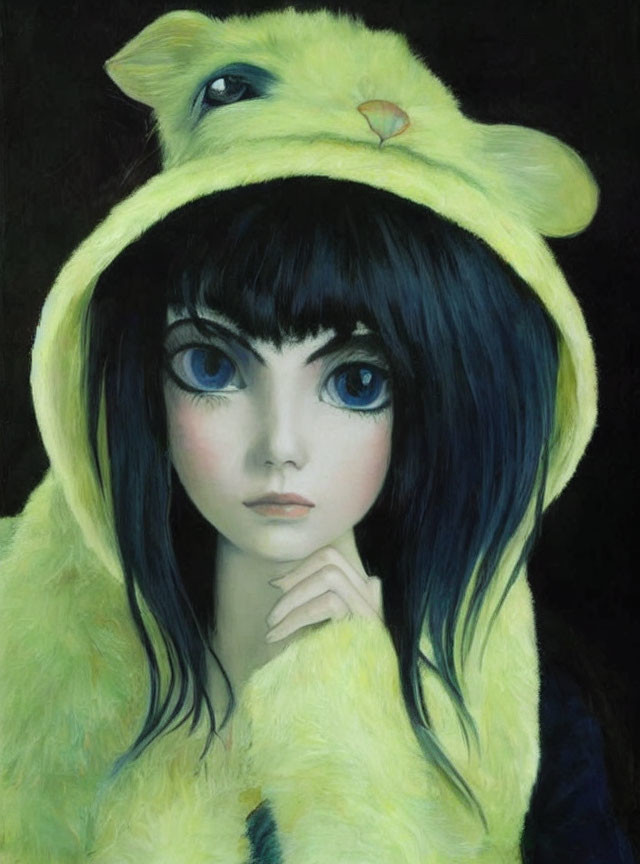 Person with blue eyes in yellow furry hood and animal ears, touching face.