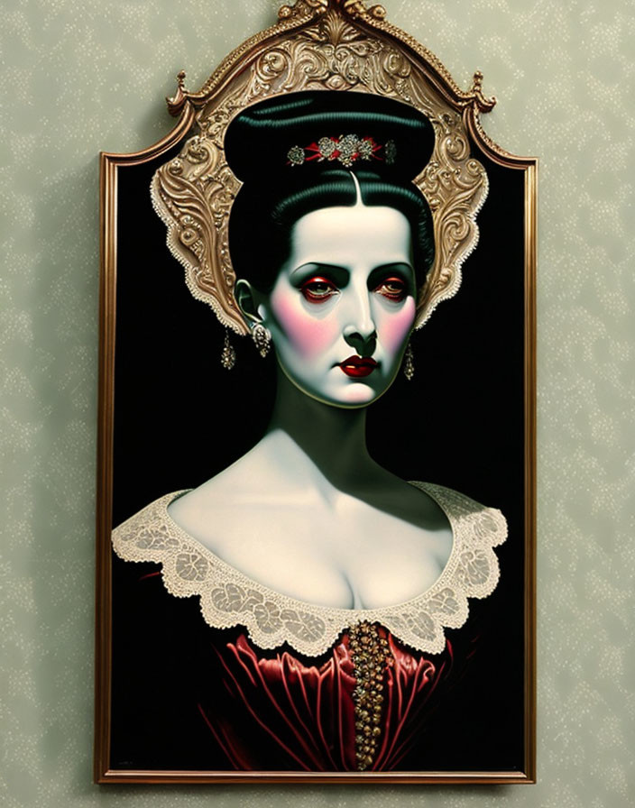 Stylized portrait of a woman in red dress with dark hair in vintage gold frame