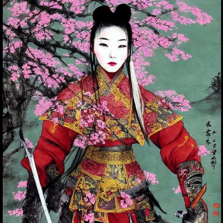 Traditional Asian painting: Woman in red and gold armor with sword under cherry blossoms