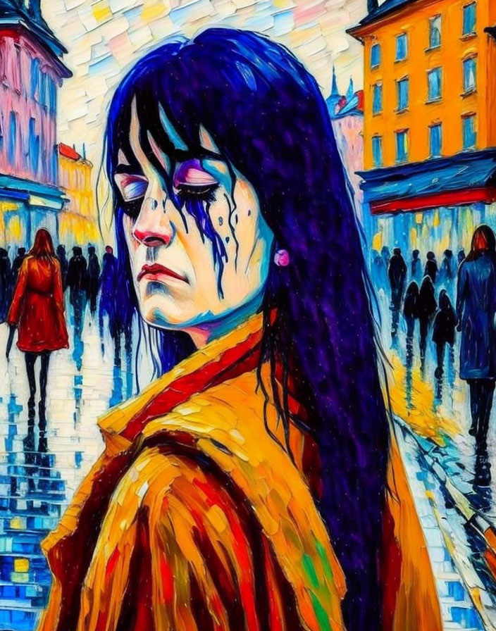 Vibrant painting of woman with blue hair and tears in yellow garment among abstract city backdrop