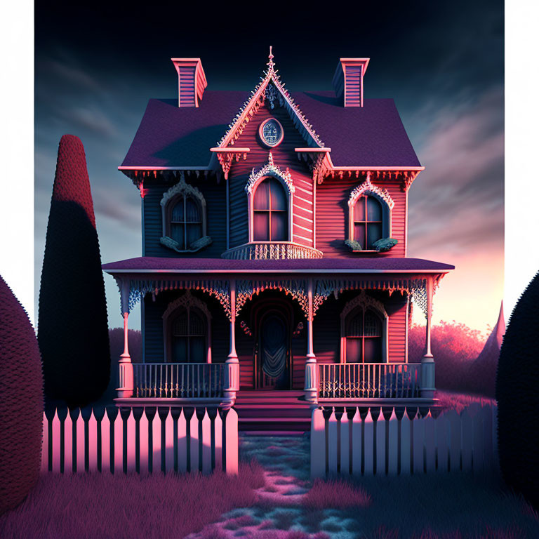 Victorian-style house in pink and blue hues with white picket fence at twilight