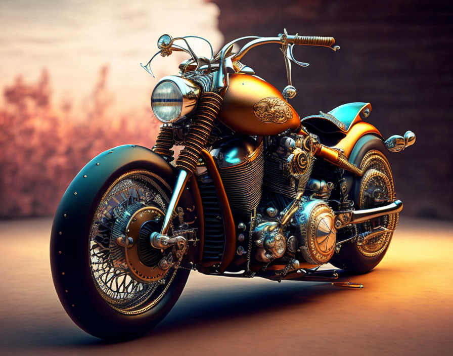 Intricate Golden and Copper Toned Vintage Motorcycle Design