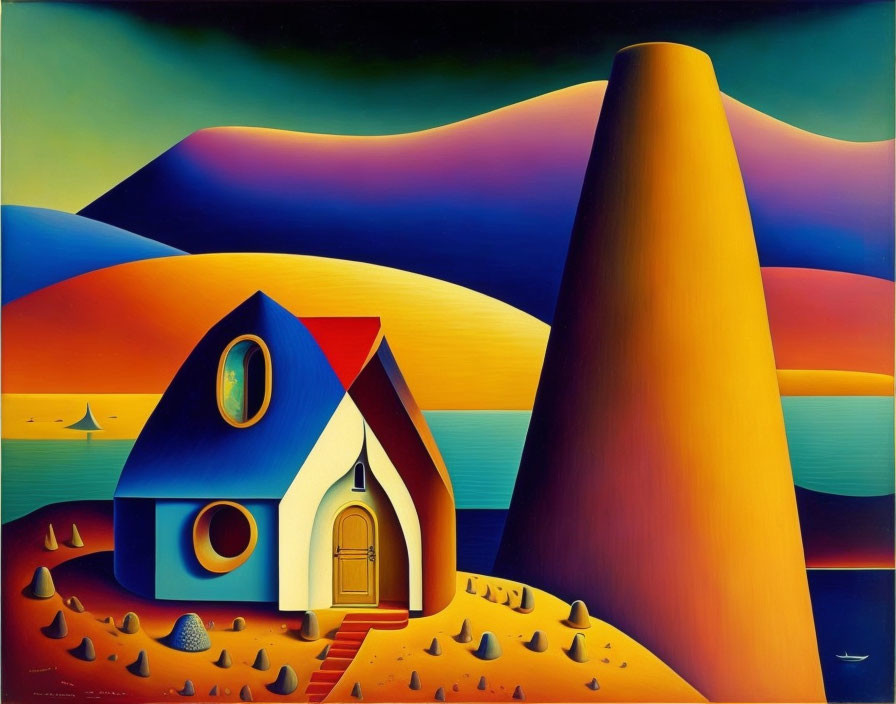 Colorful Stylized House Next to Cone-Shaped Structure in Surreal Landscape