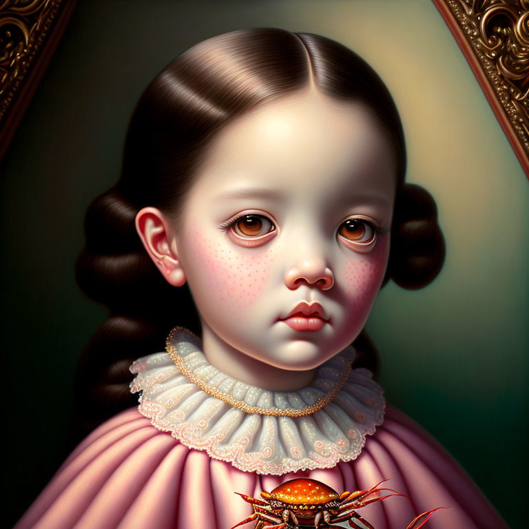 Surreal portrait of young girl with expressive eyes in Victorian dress holding crab