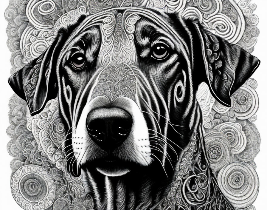 Detailed Black and White Dog Illustration with Swirl Patterns