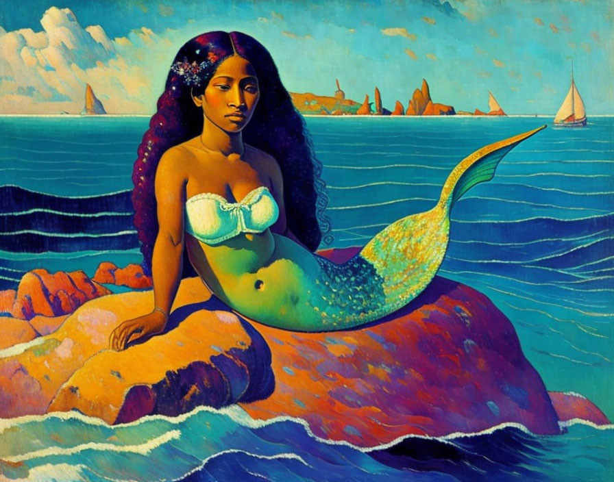 Colorful Mermaid Sitting on Rock by the Sea with Sailboats in Background