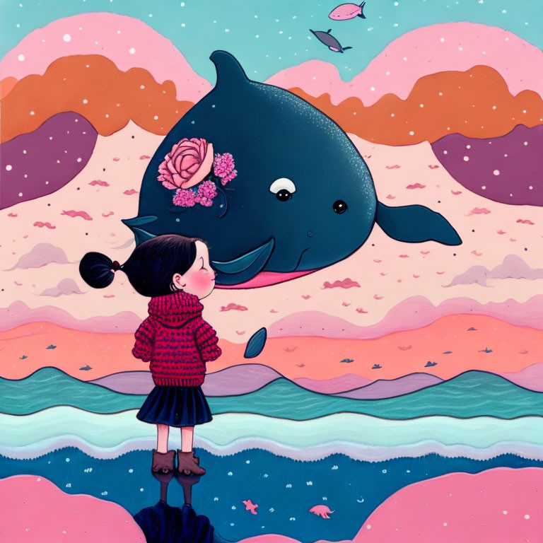 Girl in Red Sweater Meets Smiling Whale in Floral Scene