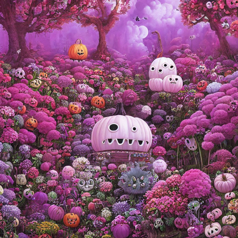 Colorful landscape with purple foliage and playful pumpkin heads among vibrant flowers