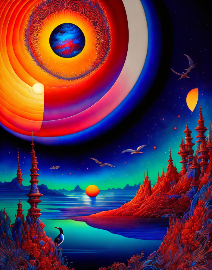 Colorful surreal artwork: Cosmic eye, celestial bodies, birds