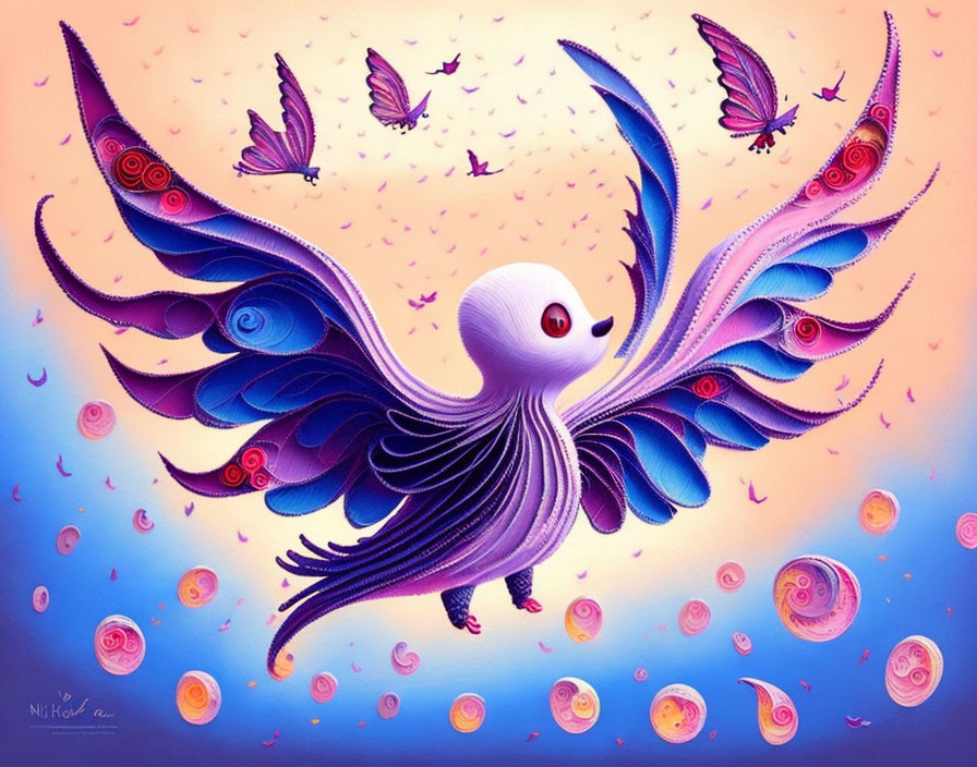 Purple bird with eye-like patterns and butterflies on pastel backdrop