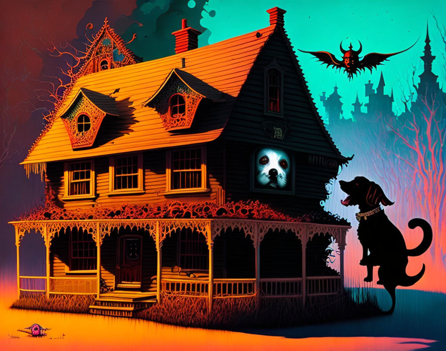 Illustrated haunted house at twilight with skull, bat-winged creature, and dog silhouette.