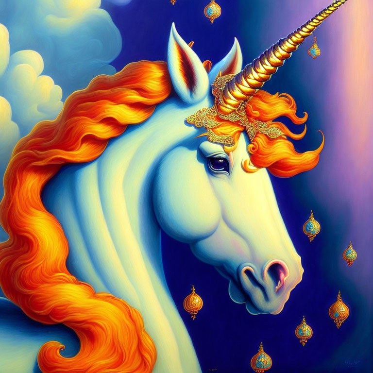 Colorful Unicorn Illustration with Orange Mane and Golden Horn against Cloudy Sky