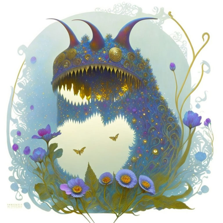 Fantastical blue creature with horns in dreamy setting