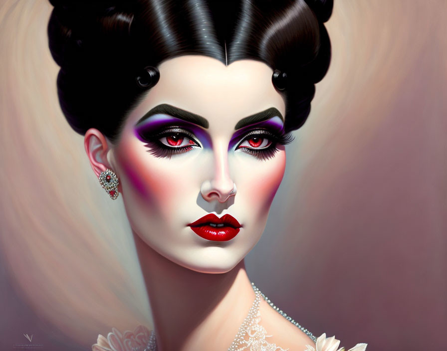 Stylized portrait of woman with dramatic makeup and pearl necklace