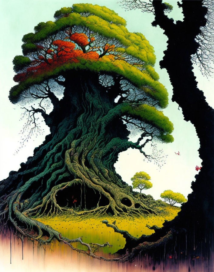 Vibrant painting of ancient tree in mysterious forest