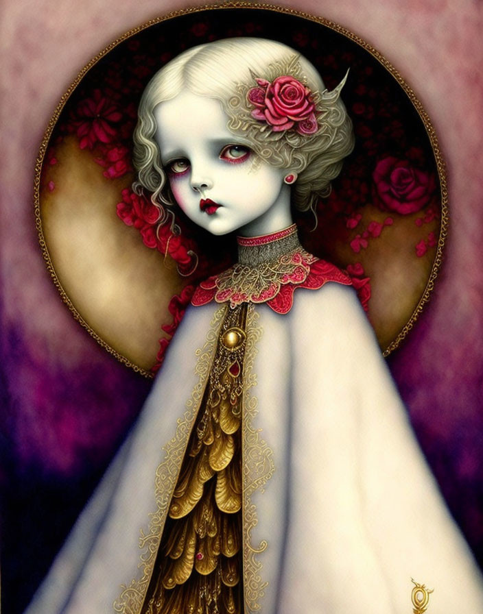 Gothic-style pale girl with golden accents, roses, and circular backdrop.