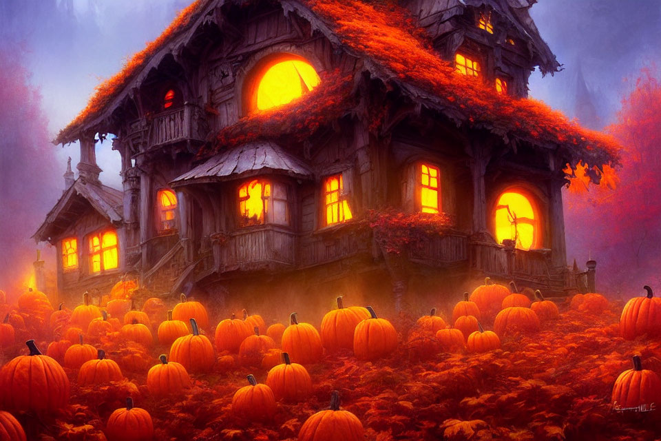 Enchanting pumpkin patch with cozy cottage in autumn dusk