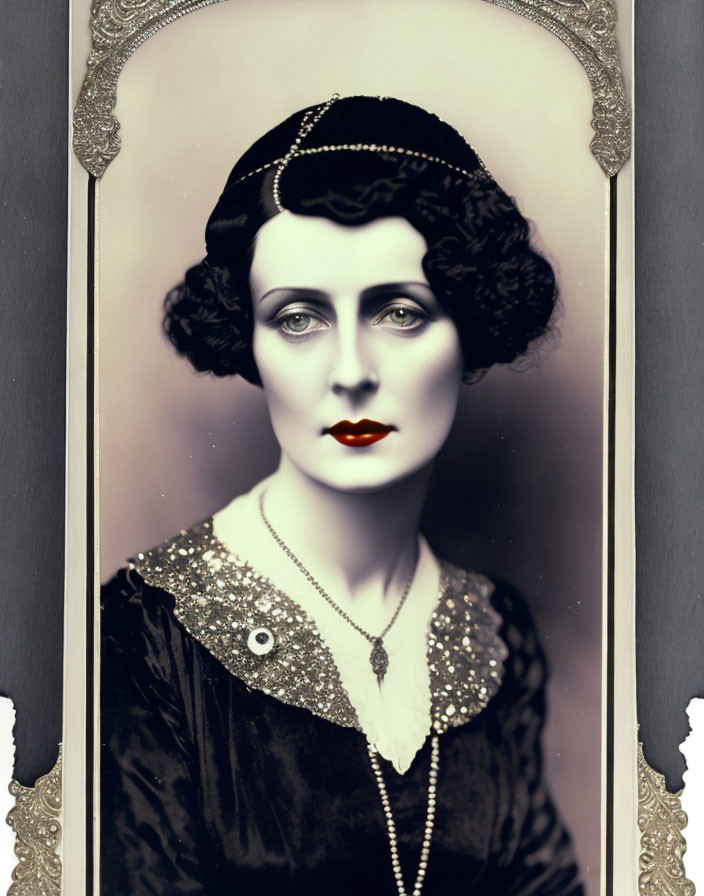 Monochrome vintage portrait of woman with 1920s style hair and pearl necklace