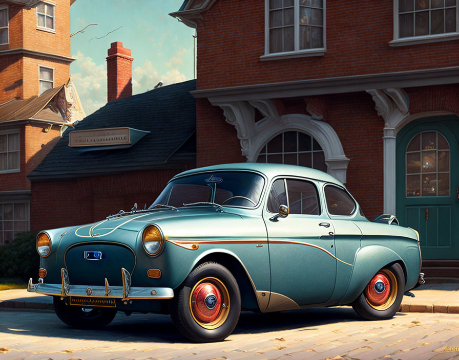 Vintage Blue Car with White Roof Parked by Red-Brick Building