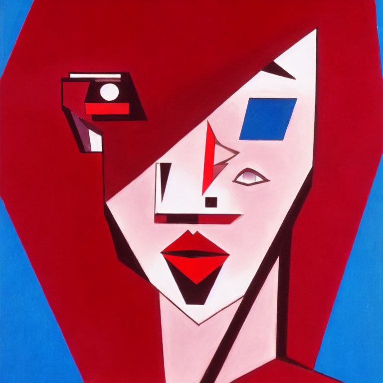 Geometric Abstract Art: Stylized Female Face in Red, Blue, and White