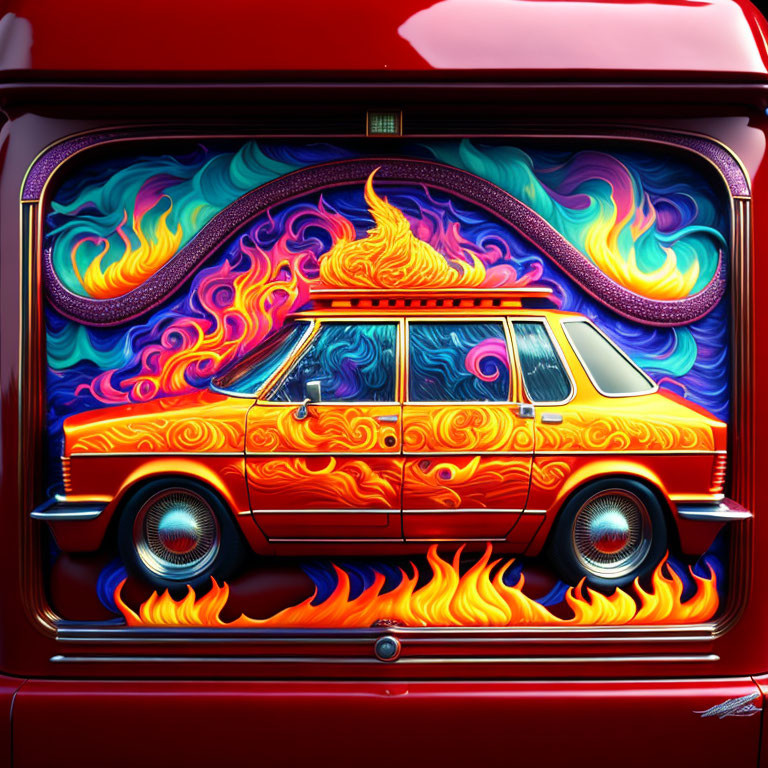 Colorful Stylized Station Wagon with Fiery Designs and Psychedelic Waves