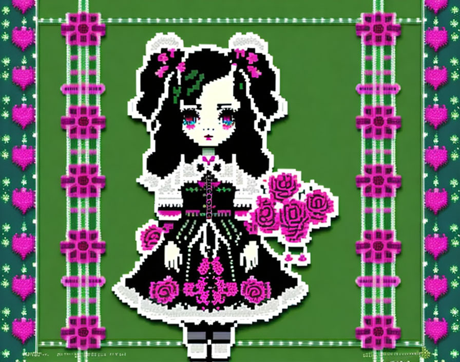 Black-haired girl in Gothic Lolita dress pixel art on green background with pink hearts