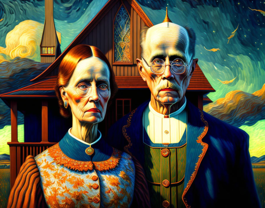 Digital illustration: Elderly couple at farmhouse reminiscent of "American Gothic